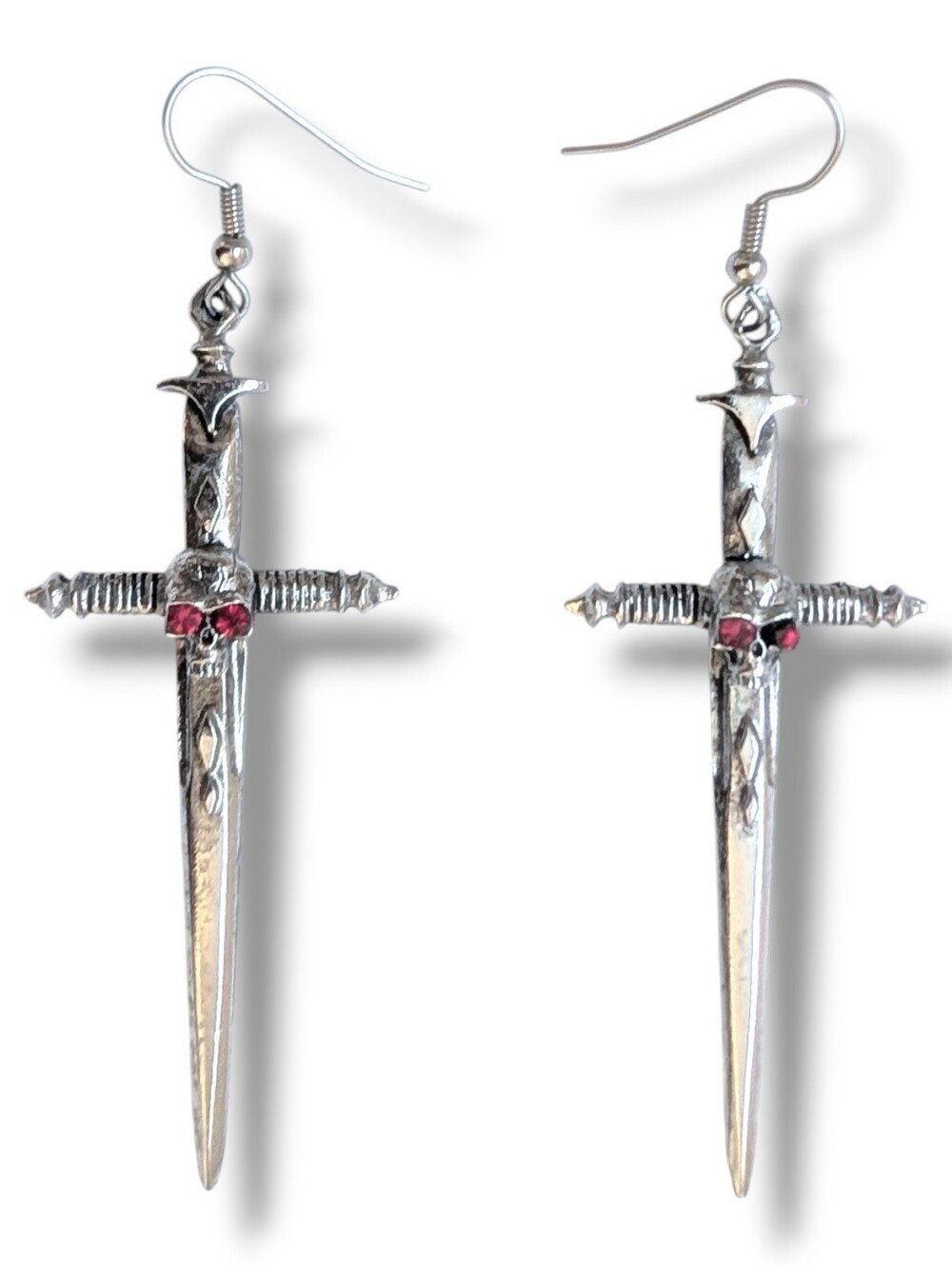 NWT Handmade Long Silver Sword Skull Red Gemstone Earrings